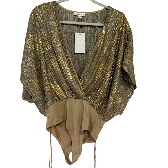 Line & Dot Naomi Body Suit Womens Medium Gold Metallic V-Neck Party Glam - Picture 4 of 10